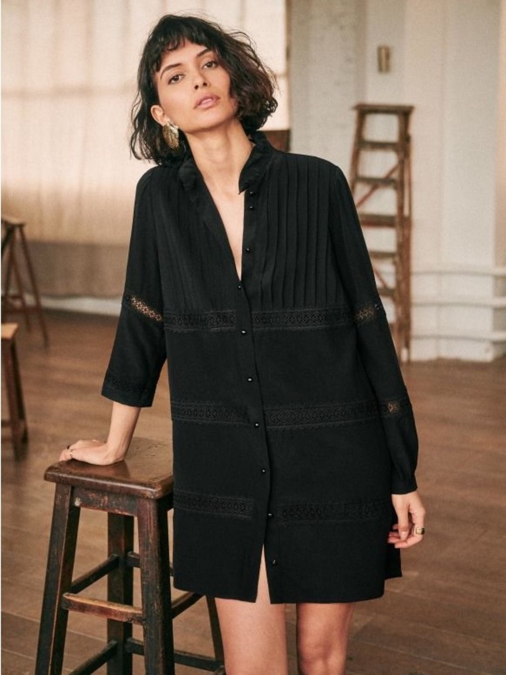 Sézane Ashley Silk Black Eyelet Long Sleeve Dress 42
